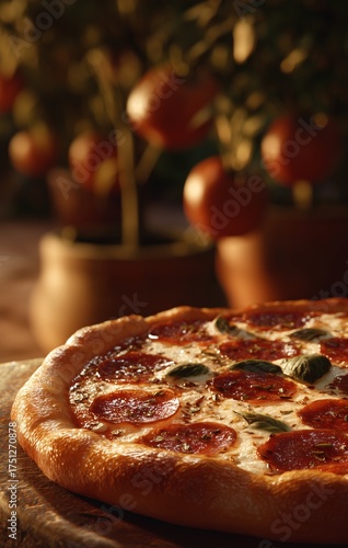 Delicious Pepperoni Pizza With Fresh Ingredients Near Orange Trees at Sunset