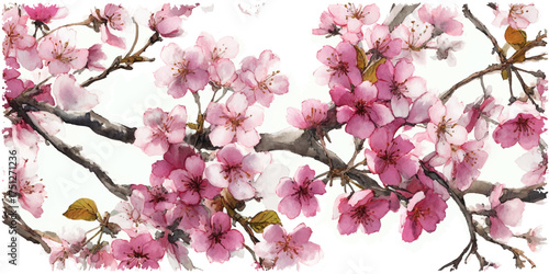 Delicate pink cherry blossom flowers blooming on tree branches isolated on white background