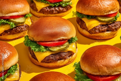 Delicious Cheeseburgers Arranged Neatly on a Vibrant Yellow Background