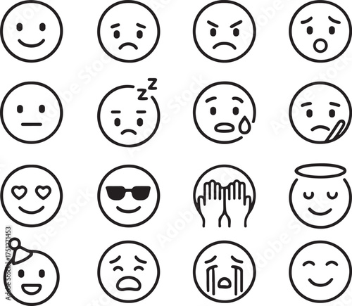 Diverse mood emoji icons set expressing various emotions and feelings line art graphics