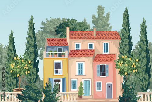 Italian house, cypress tree, lemon tree seamless border. Summer mural.	