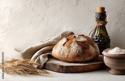 Freshly Baked Bread With Olive Oil and Flour on Wooden Board in Rustic Kitche...