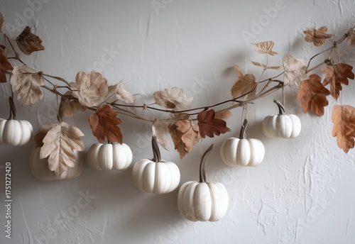 Decor With White Pumpkins and Autumn Leaves for Seasonal Celebration