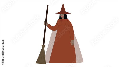Mysterious Witch Figure in Brown Cloak and Hood Silhouette Vector