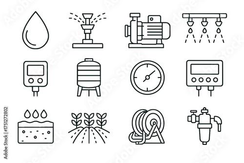 Unit field device set sprinkler irrigation crop icons pump water vector icon