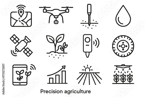 Icon agriculture growth precision probe drone farm smart map wheel irrigation icons