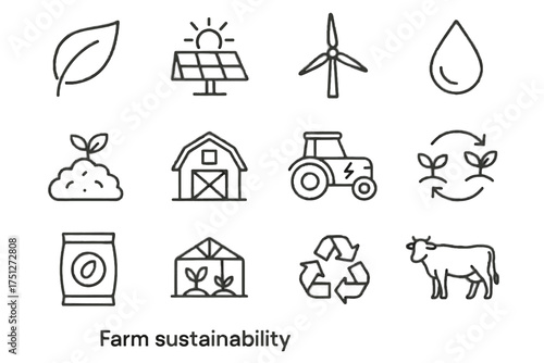 Sustainability droplet farm icons rotation compost turbine barn seed tractor icon vector
