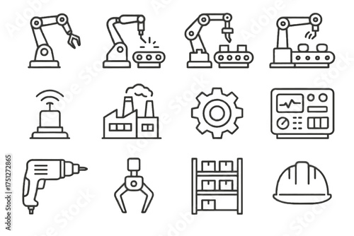 Tool industrial drill storage robotic rack icon vector wheel helmet robot device