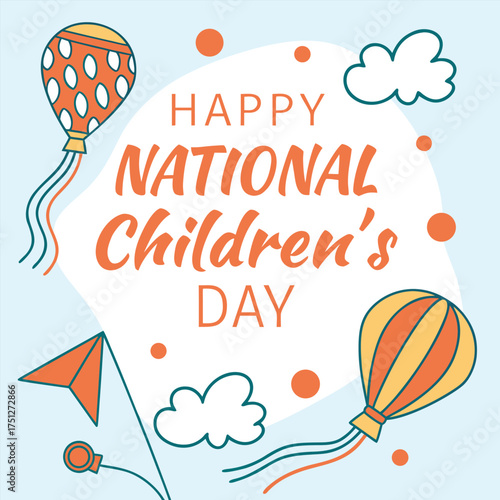 Happy national children's day celebration with balloons flags and clouds a joyous occasion