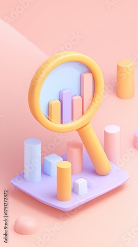 Magnifying glass over data analysis and business statistics.
