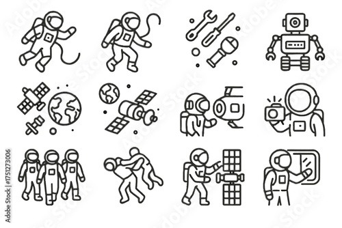 Operation robot panel astronaut walk icon group icons solar vector activities view
