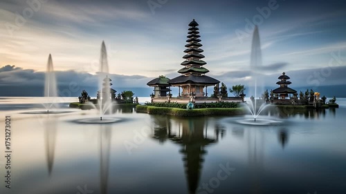 Serene Balinese Temple Complex Stands Atop Water With Illuminated Fountains Under A Dramatic Cloudy Sky At Sunrise