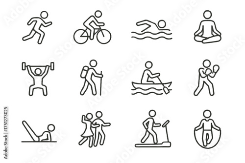 Yoga collection hiking treadmill cycling dancing icon vector workout weightlifting boxing pilates