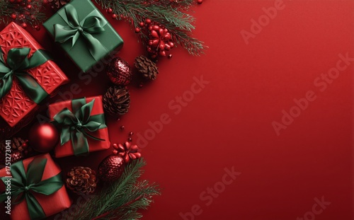 Festive Holiday Gifts With Green Ribbons and Pine Decorations on a Vibrant Re...