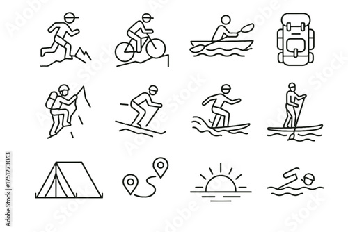 Skiing hiking running backpack open uphill water fitness outdoor tent icon icons