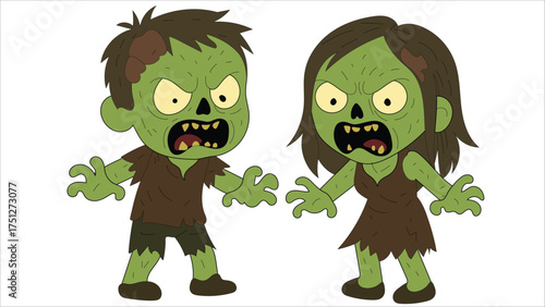  Cute Cartoon Zombie Kids Boy and Girl Full Body Vector