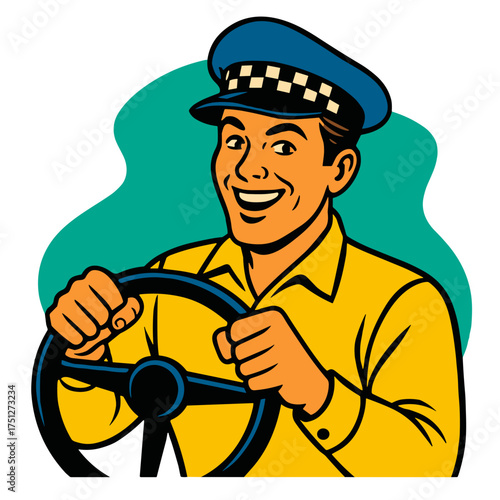 Smiling taxi driver holding a steering wheel in vintage comic style on a teal background
