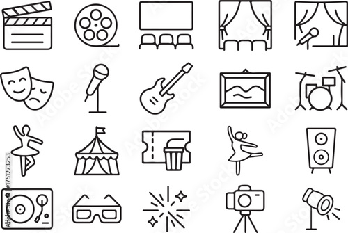 Set of line icons representing entertainment leisure and performance arts including cinema music theater and sports