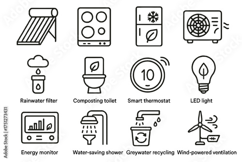 Solar eco shower ventilation water lighting vector pump smart filter icon appliances