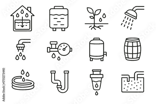 Aerator irrigation efficiency water icon rainwater vector filter barrel faucet collection icons