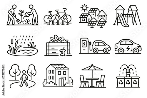 Icons charging outdoor renewable garden building pond solar vector housing icon pedestrian