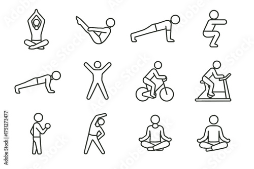 Curl core pilates icons squat vector cycling icon fitness stretching yoga virtual