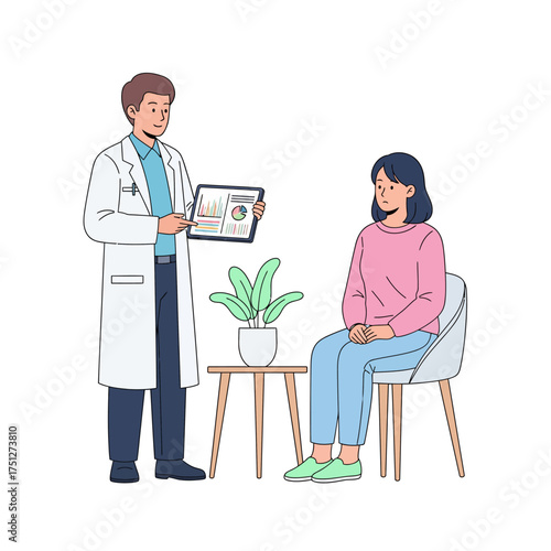 Flat clean medical care healthcare scenes character showing patient health report and consulting