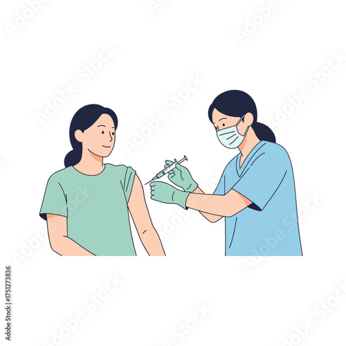 Flat clean illustration of a medical professional administering a vaccine to a patient, depicting healthcare scenes and character interactions