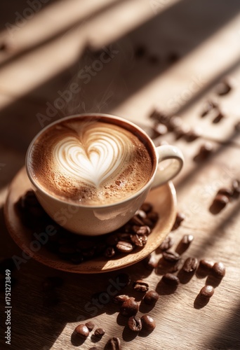 Warm Coffee Cup With Heart Art Beside Scattered Coffee Beans in Cozy Cafe Set...