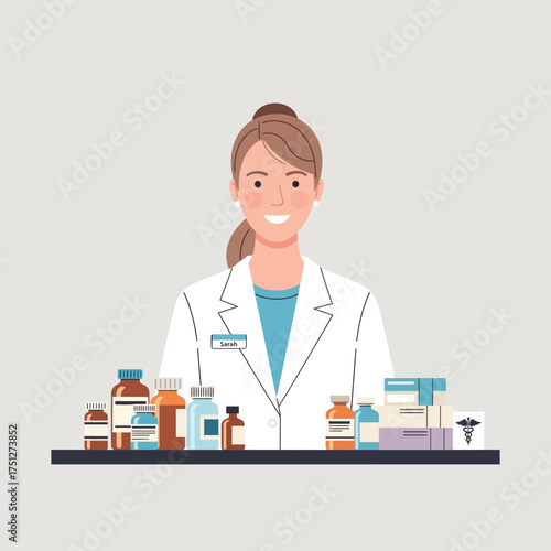 Flat clean medical care character in healthcare scenes a pharmacist with medications and prescriptions for patient health and wellness
