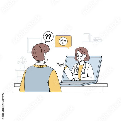 Flat clean medical care and healthcare scenes featuring a character in a teleconsultation, providing a modern approach to health services
