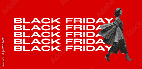 Retro halftone black Friday sale poster with stylish female shopper carrying bags