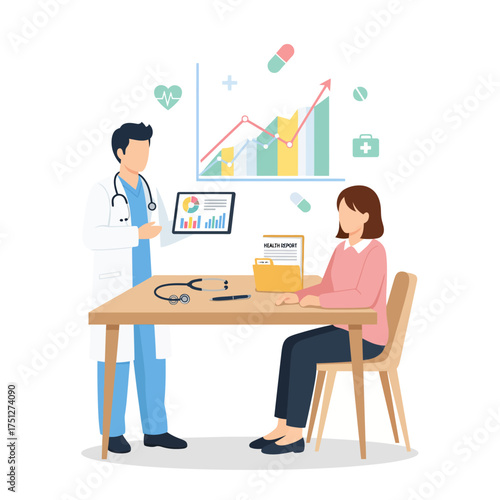 Flat clean medical care healthcare scenes character illustration showing doctor consulting patient with health report and chart