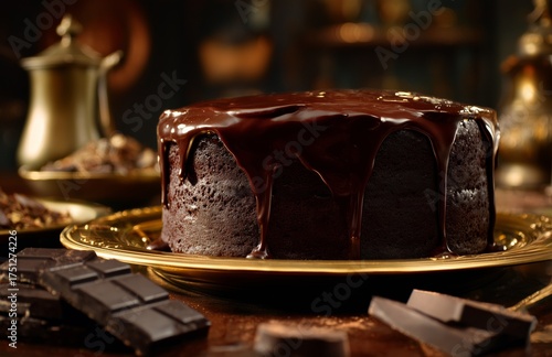 Rich Chocolate Cake With Glossy Frosting Displayed on Elegant Gold Plate