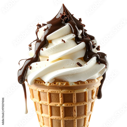 Swirled vanilla soft serve ice cream cone topped with chocolate sauce and chocolate shavings