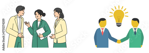 Office professionals talking, business discussion, sharing ideas, innovation concept with light bulb symbol illustration