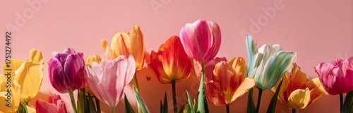 Vibrant Tulips in Various Colors Against a Soft Pink Background