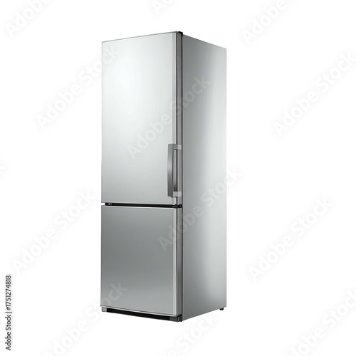 Metallic, two-door refrigerator with a handle, set against a black background, 3/4 perspective