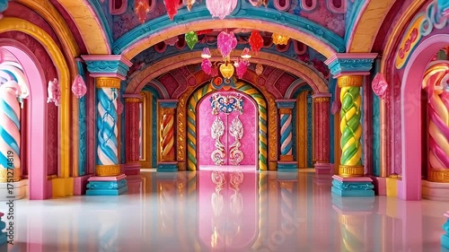 Whimsical Candy Palace Interior With Pink And Blue Pillars And Candy Decorations Grand Entrance With Ornate Pink Doors And Colorful Chandelier