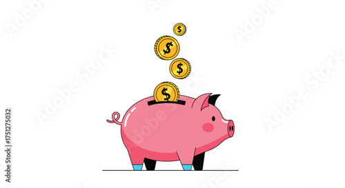 Cute piggy bank happily receiving gold coins for savings growth and financial planning, perfect for banking and investment campaigns