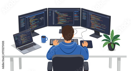 Software developer coding with three monitors and a laptop in his home office, creating digital solutions with modern technology and a focused mindset