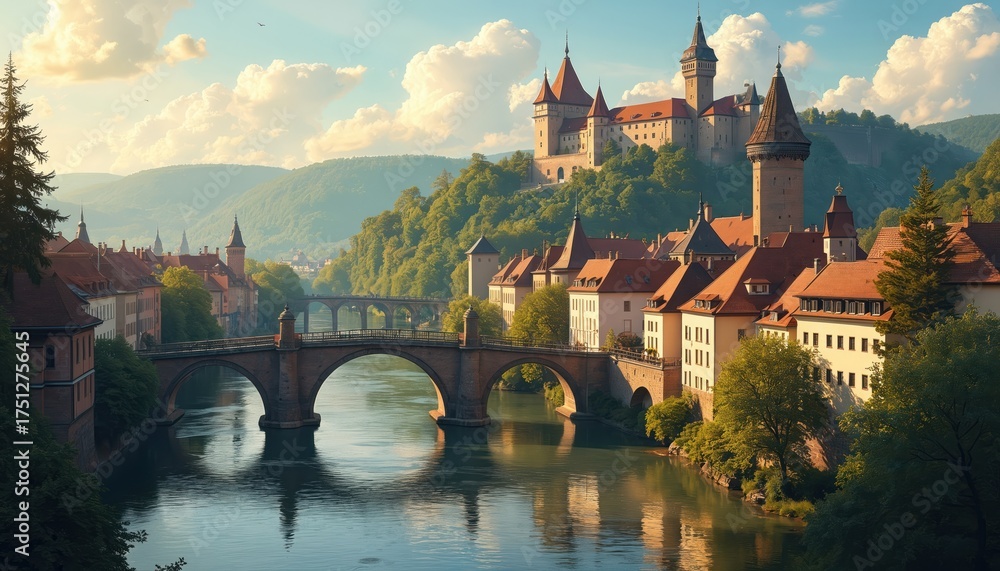 Fototapeta premium Historic German town with river, arched stone bridge spans. Medieval castle stands on green hill above old European buildings. Sunny day, blue sky with white clouds. Popular touristic destination