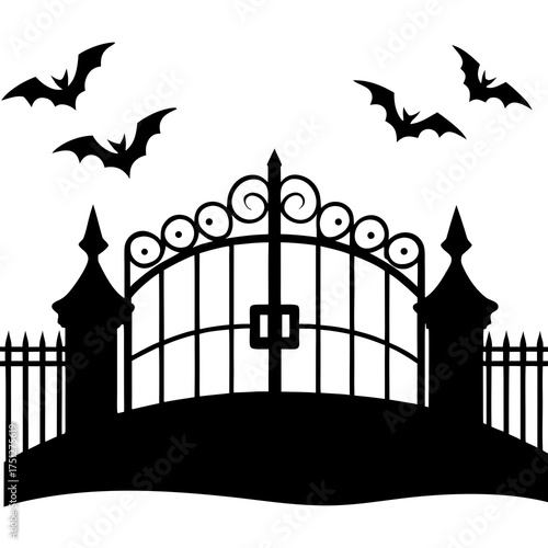 Vector silhouette graveyard entrance iron gate with bats halloween illustration scalable eps silhouette White background