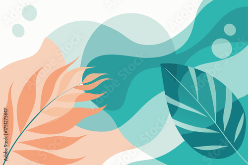 Abstract translucent tropical leaves in serene teal peach and green hues delicate organic forms botanical art subtle gradient blend