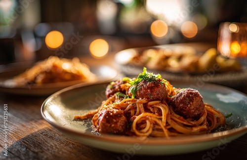 Delicious Spaghetti With Meatballs Served in a Cozy Restaurant During Evening