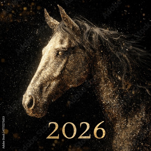 Majestic Golden Horse Portrait With Sparkling Details for Year 2026 Celebration