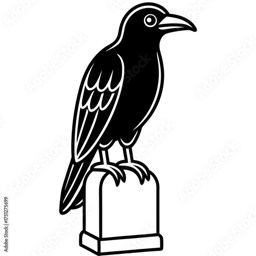 Vector illustration of a black raven perched on a tombstone scalable graphic for design projects silhouette White background