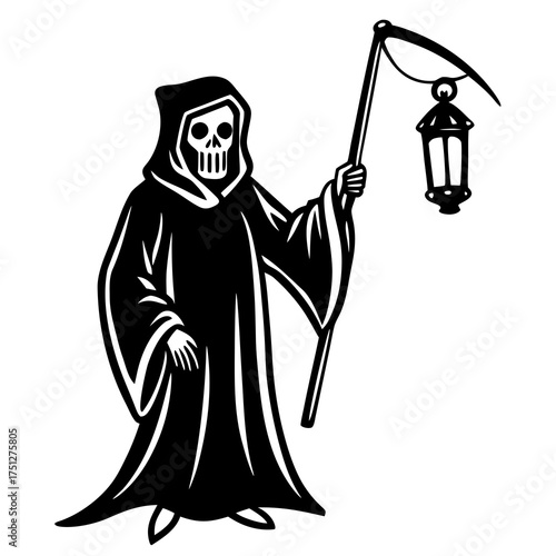 Grim reaper silhouette holding lantern vector illustration scalable graphic design for declarative content silhouette White background