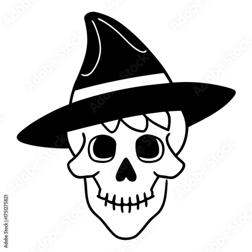 Vector illustration of a skeleton wearing a witch hat scalable graphic icon for halloween and spooky themes silhouette White background