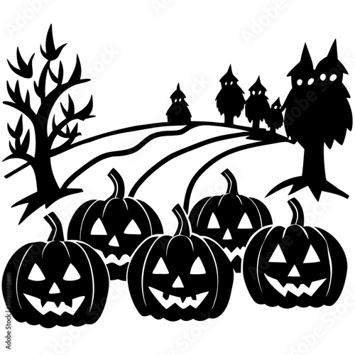 Creepy halloween pumpkin patch silhouette vector illustration spooky autumn scene scalable art silhouette White background